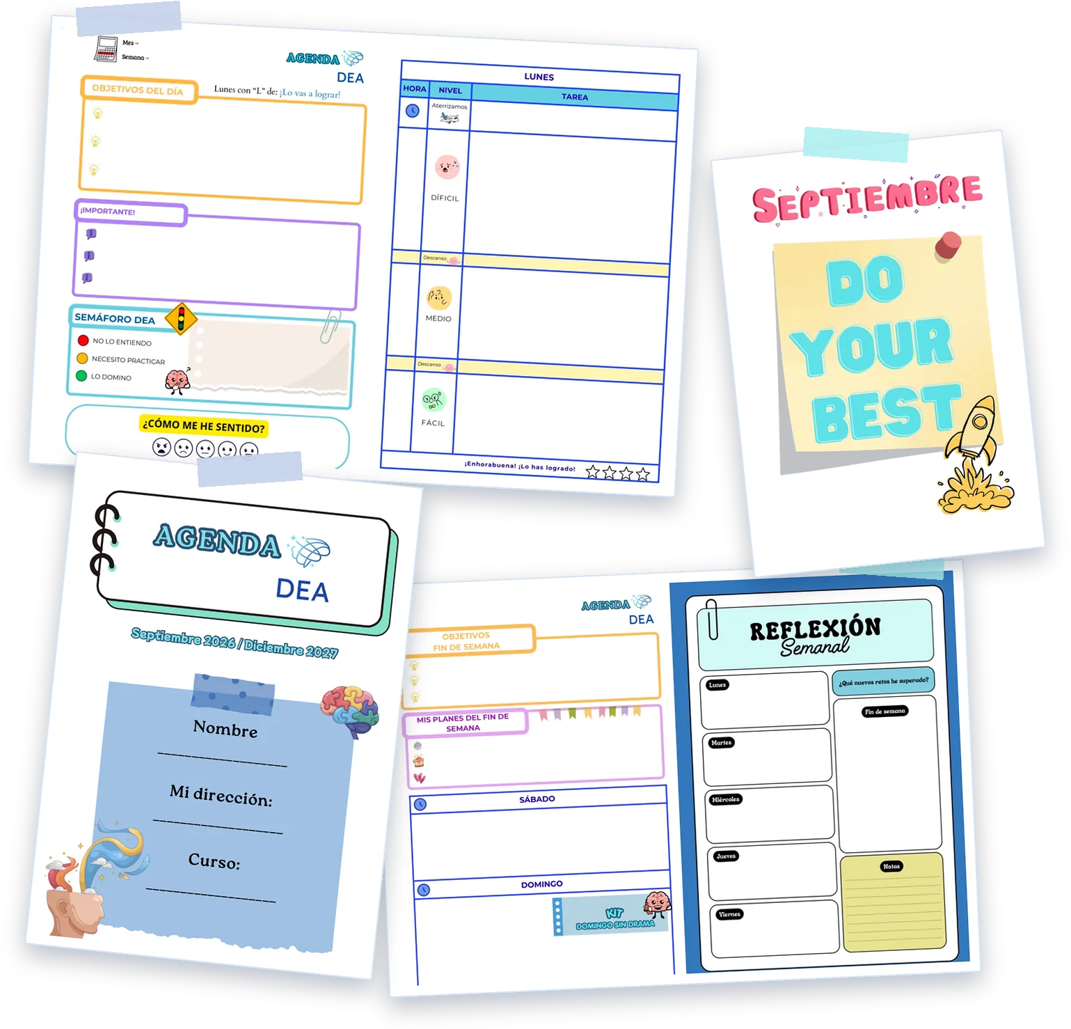 Páginas de la Agenda DEA: la portada, un lunes con objetivos del día y el semáforo DEA, el fin de semana con el «Kit domingo sin drama» y la reflexión semanal, y la página de septiembre «Do your best»